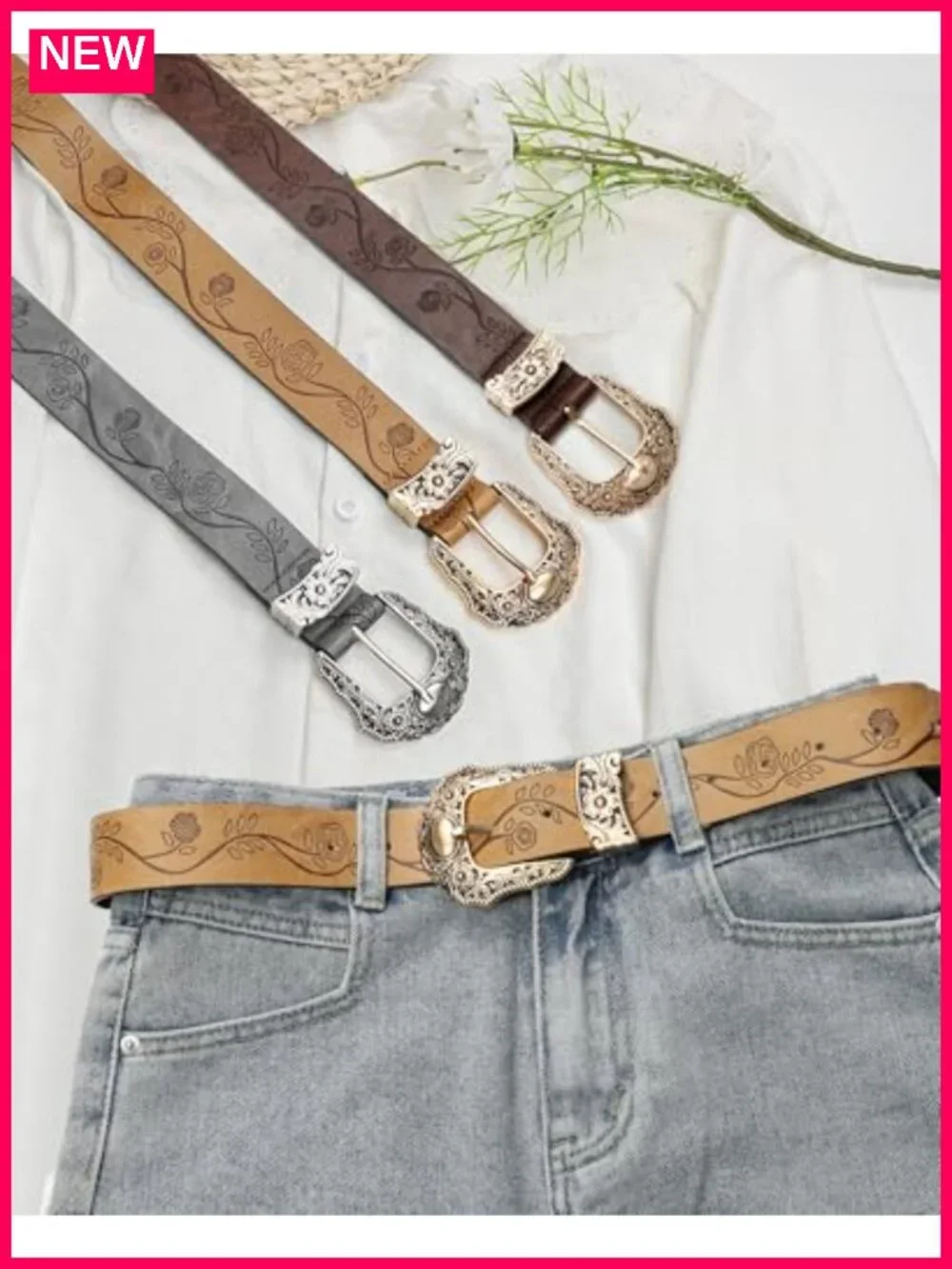 Vintage Western Cowgirl Belt, PU Leather, 1.4in Wide, Adjustable, Floral